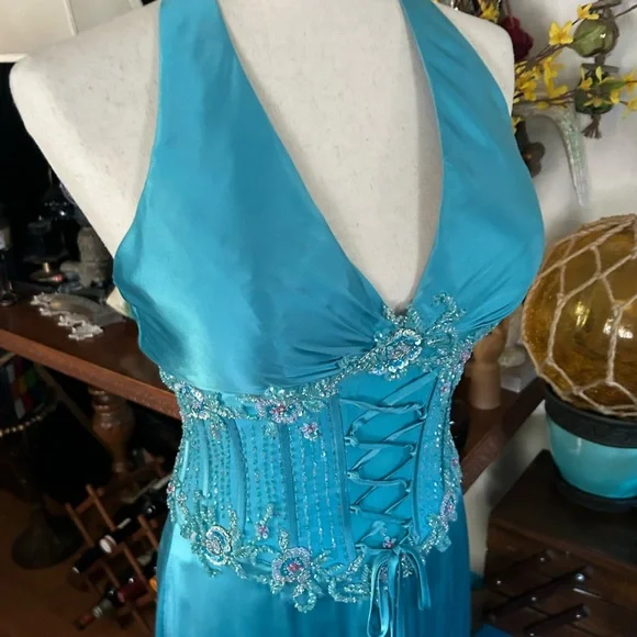 Turquoise Blue Silk Corset Halter Evening Prom Gown - Picture 13 of 16